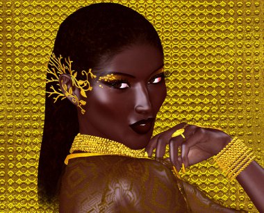 A beautiful young African woman wearing gold jewelry against a gold abstract background. A unique digital art creation of fashion and beauty.
