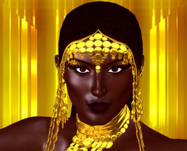 A beautiful young African woman wearing gold jewelry against a gold abstract background. A unique digital art creation of fashion and beauty.