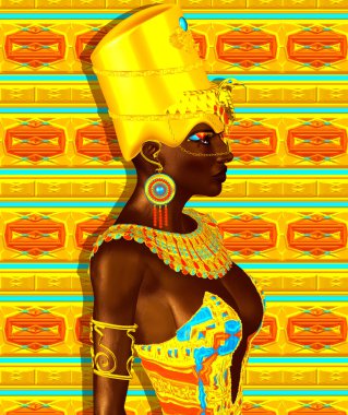 Black Egyptian princess in our modern digital art style, close up. The beauty, power and wealth of Egypt are captured in this Egyptian digital art fantasy image against a colorful abstract background