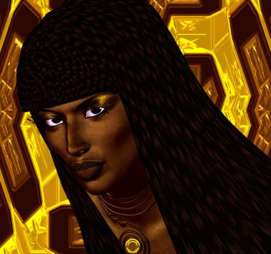 Black Egyptian princess in our modern digital art style, close up. The beauty, power and wealth of Egypt are captured in this Egyptian digital art fantasy image against a colorful abstract background