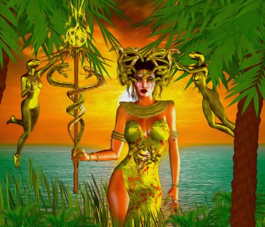 Snake Goddess. A magical, fantasy snake goddess stands in front of the sea with the setting Sun in the background.