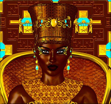 Black Egyptian princess in our modern digital art style, close up. The beauty, power and wealth of Egypt are captured in this Egyptian digital art fantasy image against a colorful abstract background