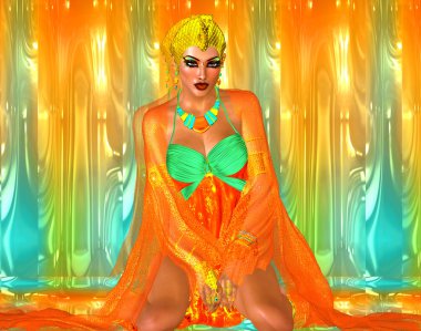 Turuncu ipek ve zümrüt yeşili güzel moda kozmetik ile Mısır Prenses olun yukarı ve altın taç.