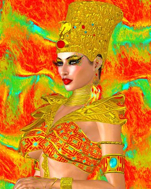 Egyptian queen adorned with gold jewelry and armor. Her beauty and confidence are without question.