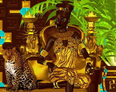 Black Egyptian princess in our modern digital art style, close up. The beauty, power and wealth of Egypt are captured in this Egyptian digital art fantasy image against a colorful abstract background