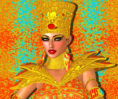 Egyptian queen adorned with gold jewelry and armor. Her beauty and confidence are without question.