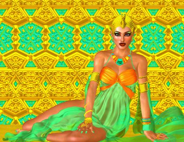 Egyptian queen adorned with gold and turquoise, lying down. Her beauty and confidence are without question.