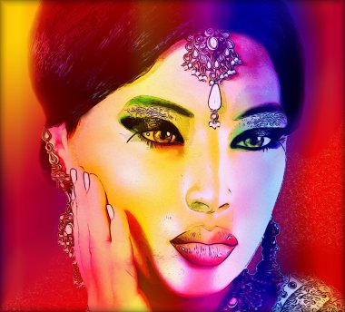 Abstract digital art of Indian or Asian woman's face, close up with colorful make up. An oil paint effect and glowing lights are added for a more modern art look and feel to this beauty and fashion scene.