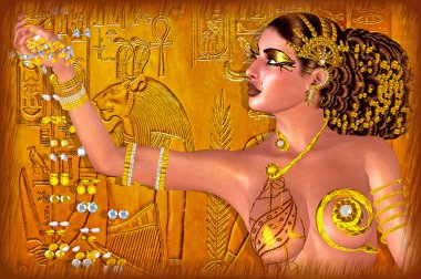 Egyptian princess adorned in gold jewelry and gems. Digital art fantasy scene.
