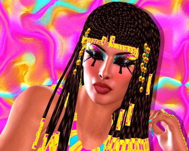 Egyptian woman's face and braided hair style, close up, colorful digital art scene.
