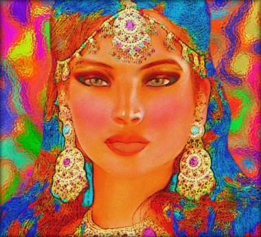 Kızılderili ya da Asyalı kadının yüzüne dijital sanat soyut, renkli peçe ile yakın çekim. Bir yağlı boya etkisi ve parlayan ışıklar bu güzellik ve moda olay yerine daha modern sanat bakmak ve duyumsamak için eklenir.