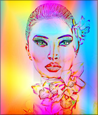 Beautiful Girl With Orchid Flowers. Abstract digital art of floral and woman's face combined in a colorful gradient to create a modern digital art piece.