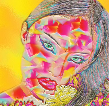 Abstract digital art of floral and woman's face combined in a colorful gradient to create a modern digital art piece.
