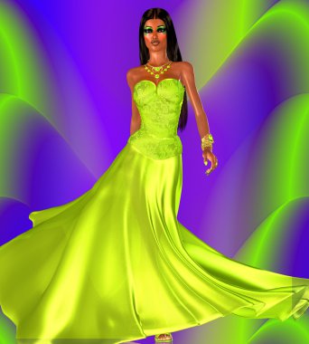 Green evening gown and a colorful background, perfect for beauty and fashion themes.
