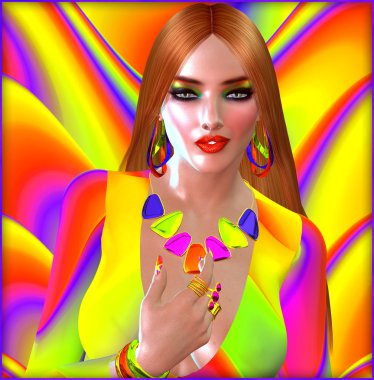Strawberry blonde with colorful make up, jewelry and background.  Perfect for Summer fun!