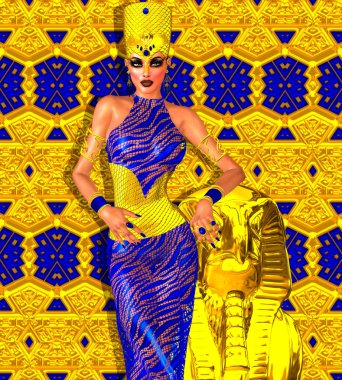 Seductive Egyptian woman in gold and blue. A stunning digital art fantasy scene that captures the beauty, wealth  and power of Egypt.