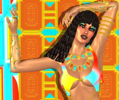Egyptian queen adorned with gold jewelry. A colorful dress, matching cosmetics and background all come together to complete this Egyptian digital art fantasy scene.