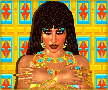 Egyptian queen adorned with gold jewelry. A colorful dress, matching cosmetics and background all come together to complete this Egyptian digital art fantasy scene.