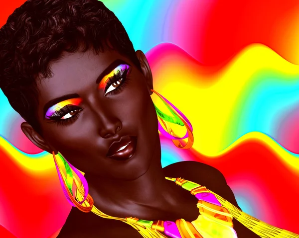 Beautiful Black Woman with colorful make up and a wavy Summer fun background. Large colorful hoop earrings and matching eyeshadow complete this beauty and fashion look. Our unique digital art creation. — Stock Photo, Image