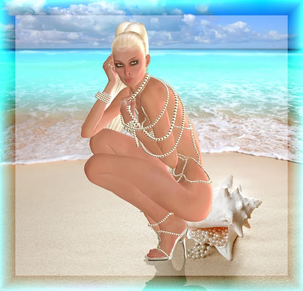 A digital art blonde beauty sits on a sea shell with pearls spilling out of them.  She wears a long pearl necklace as a bikini and matching shoes. Summer vacation on the beach never looked so tempting! — Stockfoto
