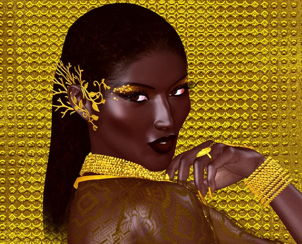 Uma bela jovem africana usando jóias de ouro contra um fundo abstrato de ouro. Uma criação de arte digital única de moda e beleza . — Fotografia de Stock