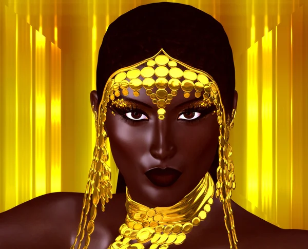 Una bella giovane donna africana che indossa gioielli d'oro su uno sfondo astratto d'oro. Una creazione d'arte digitale unica di moda e bellezza . — Foto Stock