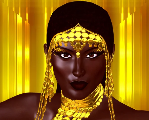 A beautiful young African woman wearing gold jewelry against a gold abstract background. A unique digital art creation of fashion and beauty.