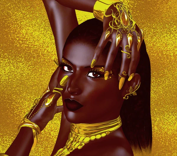 Uma bela jovem africana usando jóias de ouro contra um fundo abstrato de ouro. Uma criação de arte digital única de moda e beleza em uma pose de moda . — Fotografia de Stock