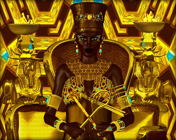 Black Egyptian princess in our modern digital art style, close up. The beauty, power and wealth of Egypt are captured in this Egyptian digital art fantasy image against a colorful abstract background — Stockfoto