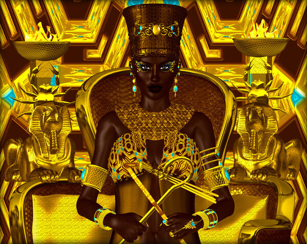 Black Egyptian princess in our modern digital art style, close up. The beauty, power and wealth of Egypt are captured in this Egyptian digital art fantasy image against a colorful abstract background