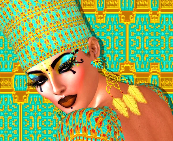 Ägyptische Königin verziert mit Gold und Türkis. ihre Schönheit und ihr Selbstvertrauen stehen außer Frage. — Stockfoto