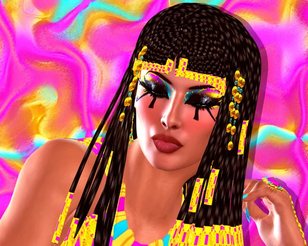 Egyptian woman's face and braided hair style, close up, colorful digital art scene.