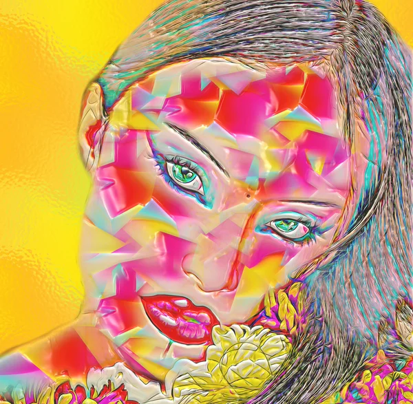 Abstract digital art of floral and woman's face combined in a colorful gradient to create a modern digital art piece. — Stock fotografie