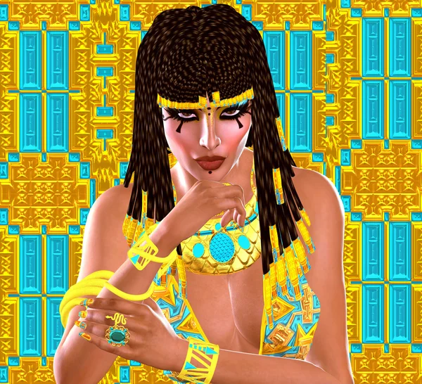 Egyptian queen adorned with gold jewelry. A colorful dress, matching cosmetics and background all come together to complete this Egyptian digital art fantasy scene. — Stock Photo, Image