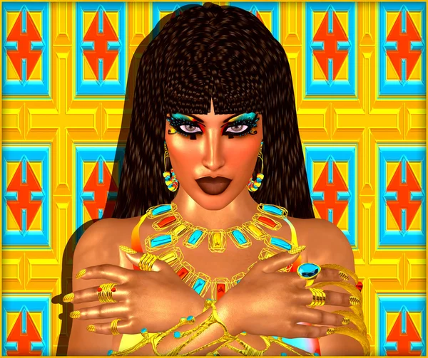 Reina egipcia adornada con joyas de oro. Un vestido colorido, cosméticos a juego y fondo se unen para completar esta escena de fantasía de arte digital egipcia . — Foto de Stock