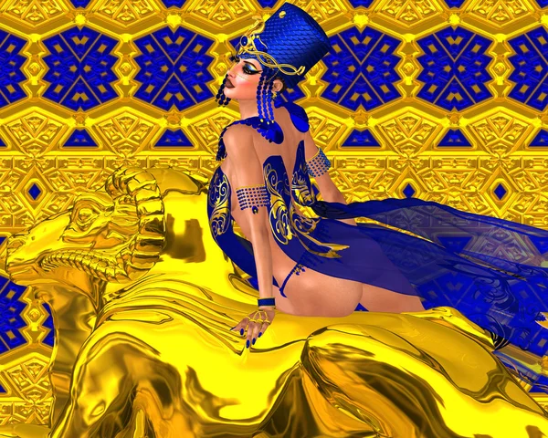 Seductive Egyptian woman in gold and blue. A stunning digital art fantasy scene that captures the beauty, wealth  and power of Egypt. — Stock Photo, Image