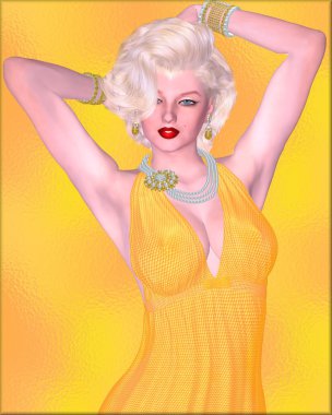 Blonde bombshell on gold glitter background with diamond necklace.