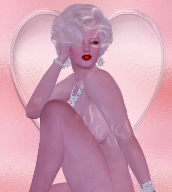Blonde bombshell on pink heart glitter and diamond background.