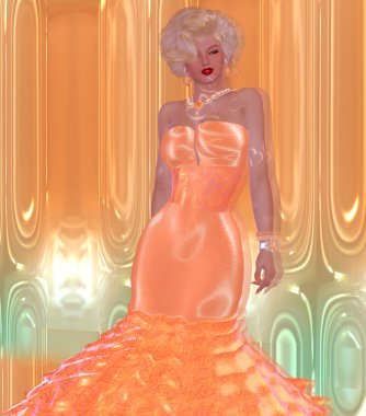 Blonde bombshell in a peach evening gown against a matching abstract background with glowing lights.