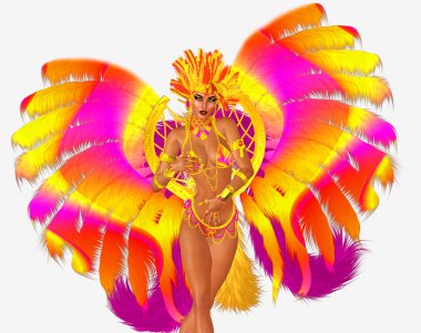 Carnival dancer woman in colorful feathers and headdress.