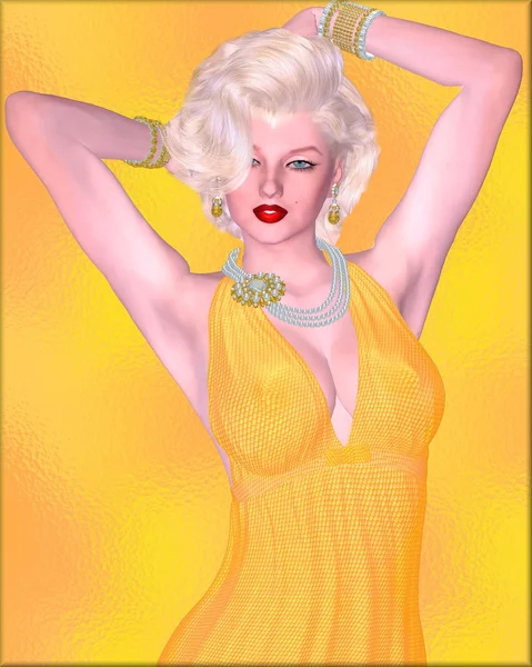 Blonde bombshell on gold glitter background with diamond necklace. — 图库照片