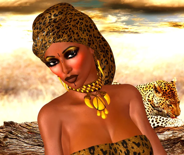 African American Woman in Leopard Print Fashion with Beautiful Cosmetics and Head Scarf. — Stock Photo, Image