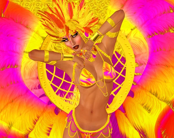 Femme danseuse de carnaval en plumes colorées et coiffe . — Photo
