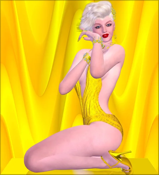 Blonde bombshell on gold and yellow background in a bikini. — Stok fotoğraf