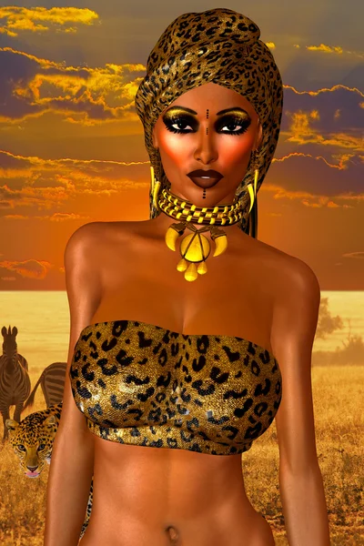 Donna afroamericana in stampa leopardo moda con bellissimi cosmetici e sciarpa testa . — Foto Stock