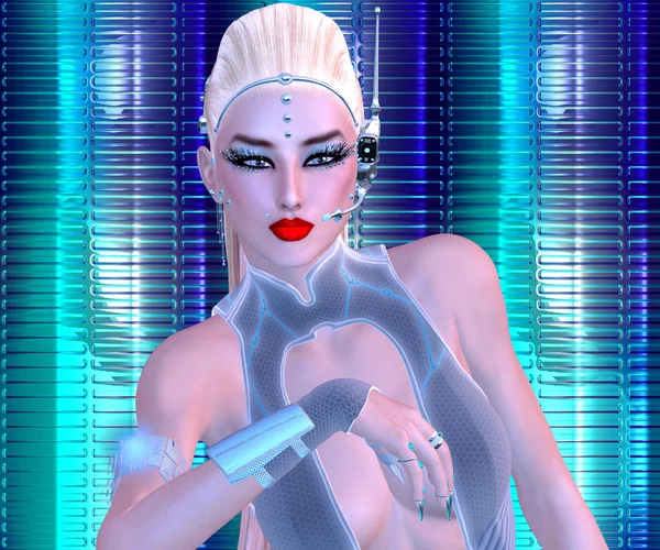 Futuristisches Mädchen mit Science-Fiction-Outfit, blonder Frisur und leuchtendem abstrakten Hintergrund. — Stockfoto