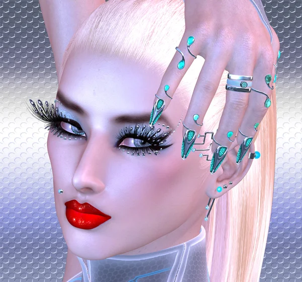 Girl with futuristic nails, eyelashes and make up. Blonde hair, red lipstick and a silver background complete the scene. — Stock Fotó