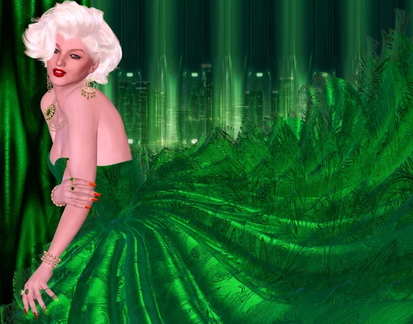 Blonde bombshell in green evening gown against matching green abstract background. — Stockfoto