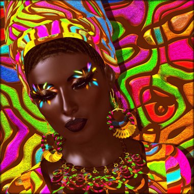 Afrika'nın rüya. Renkli göz farı, eşleşen arka plan, baş elbise ve aksesuarlar bu güzel Afrikalı kadının tarzı ifade etmek için birlik.