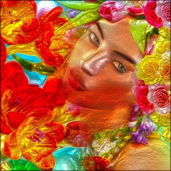 Färgglada blommor och abstrakt ansikte. — Stockfoto